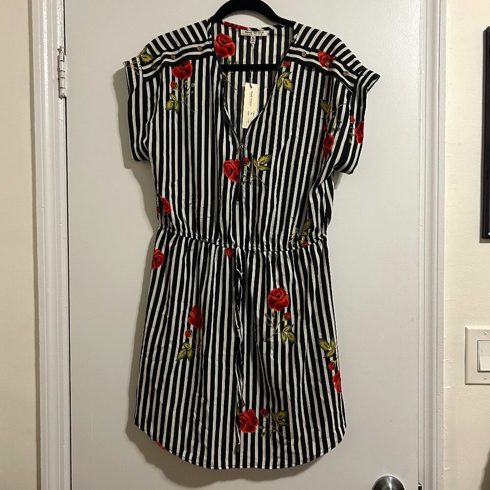 Speed Control Dress: Black & White Striped with Floral Print, Short Sleeved